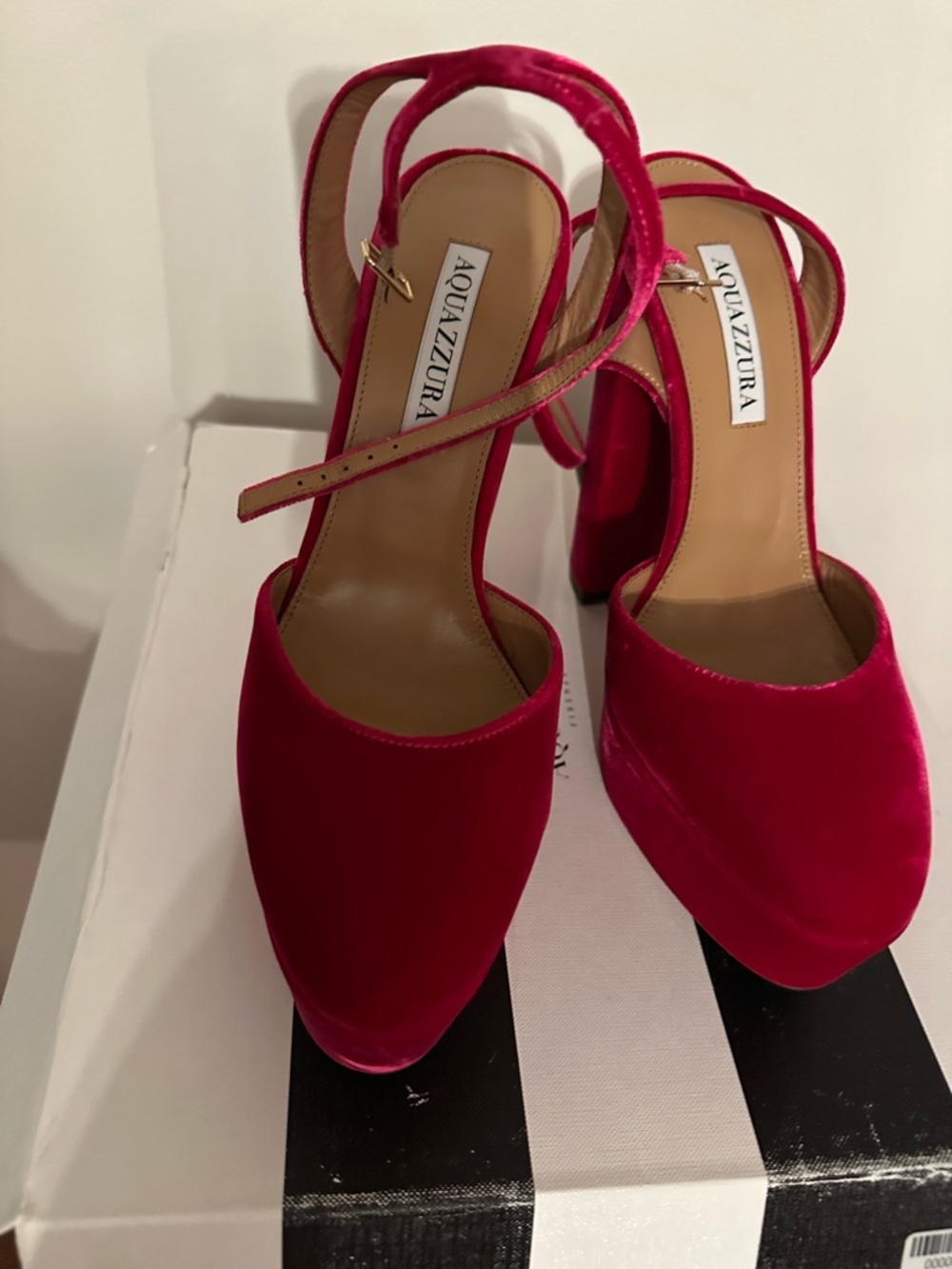Aquazzura Red Velvet Slingback Block Heels